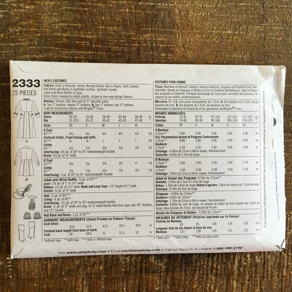 Simplicity Sewing Pattern 2333 Mens Mad Hatter Captain Hook Cosplay XS S M UNCUT - Picture 2 of 2